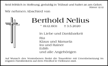 Traueranzeige von Berthold Nelius von vrm-trauer