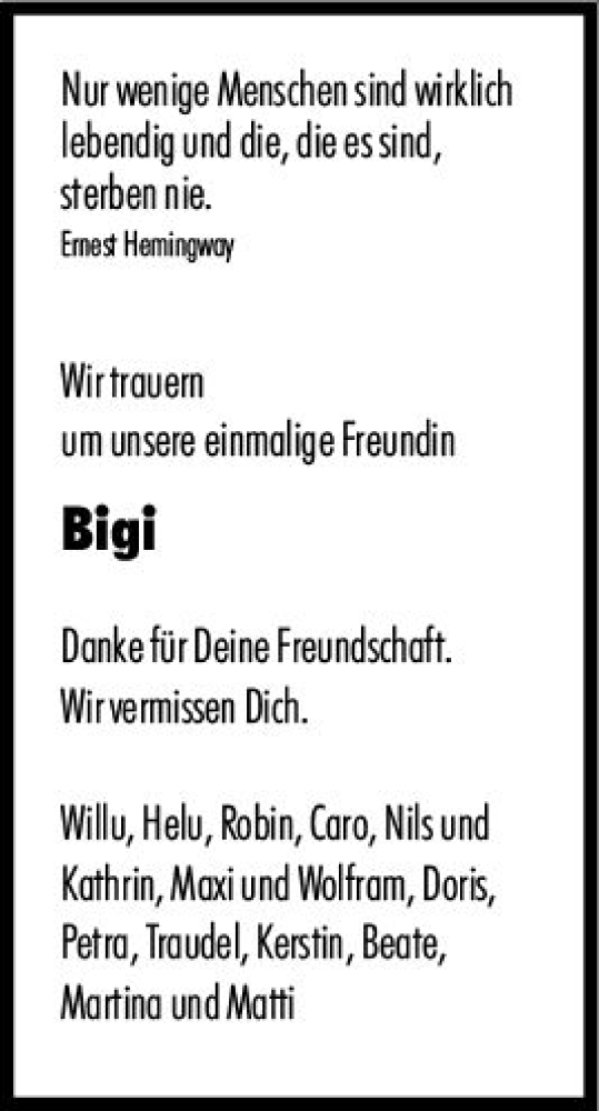  Traueranzeige für Bigi Gaab vom 16.05.2020 aus vrm-trauer