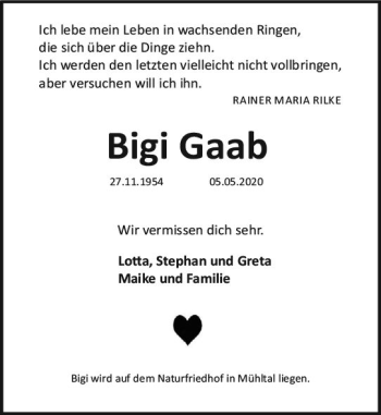 Traueranzeige von Bigi Gaab von vrm-trauer
