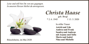 Traueranzeige von Christa Haase von vrm-trauer