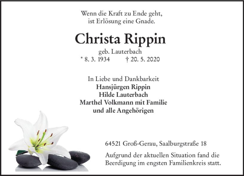  Traueranzeige für Christa Rippin vom 30.05.2020 aus vrm-trauer