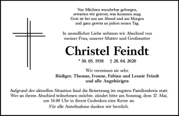 Traueranzeige von Christel Feindt von vrm-trauer