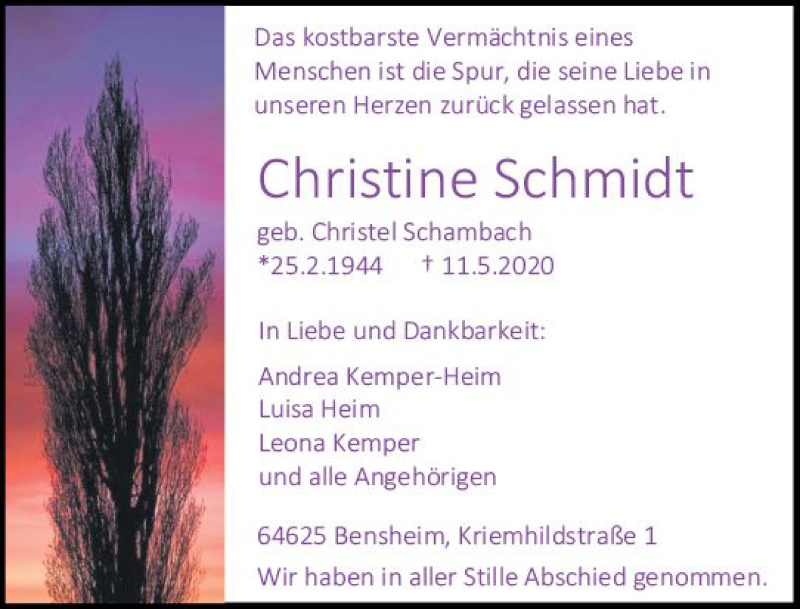  Traueranzeige für Christine Schmidt vom 16.05.2020 aus vrm-trauer