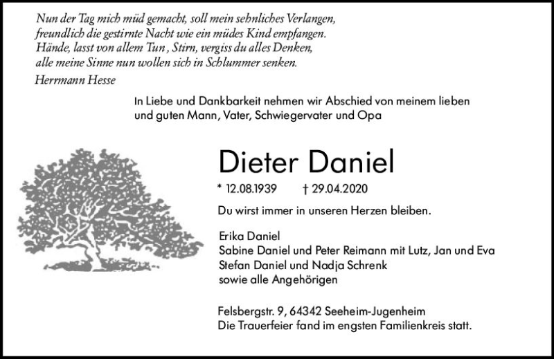 Traueranzeige für Dieter Daniel vom 09.05.2020 aus vrm-trauer