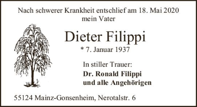  Traueranzeige für Dieter Filippi vom 23.05.2020 aus vrm-trauer