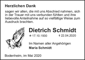 Traueranzeige von Dietrich Schmidt von vrm-trauer