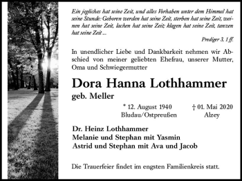 Traueranzeige von Dora Hanna Lothhammer von vrm-trauer