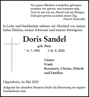 Traueranzeige von Doris Sandel von vrm-trauer