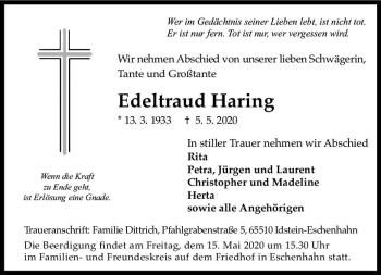 Traueranzeige von Edeltraud Haring von vrm-trauer