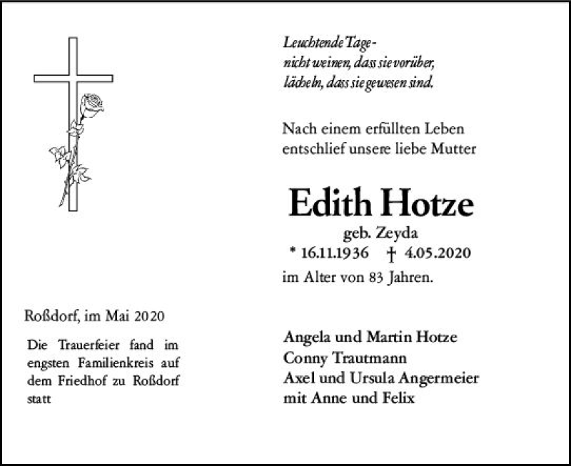  Traueranzeige für Edith Hotze vom 30.05.2020 aus vrm-trauer
