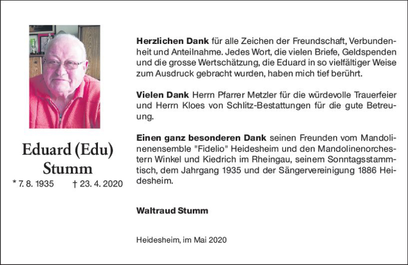  Traueranzeige für Eduard  Stumm vom 30.05.2020 aus vrm-trauer