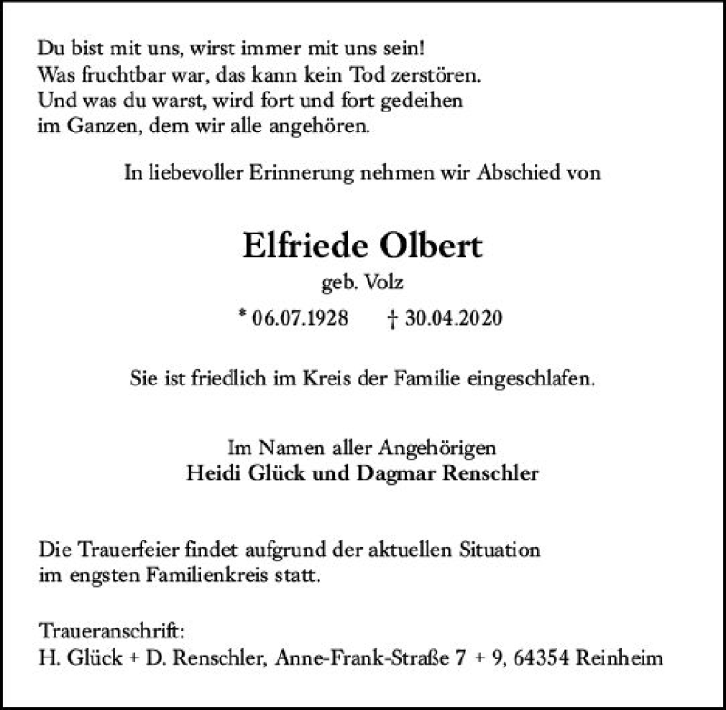  Traueranzeige für Elfriede Olbert vom 09.05.2020 aus vrm-trauer