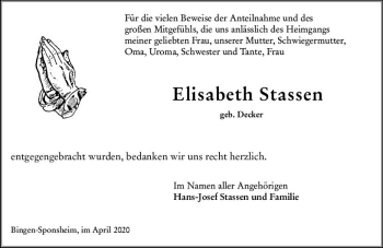 Traueranzeige von Elisabeth Stassen von vrm-trauer