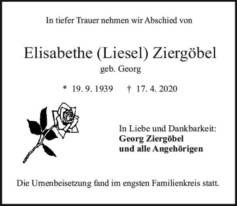  Traueranzeige für Elisabethe  Ziergöbel vom 09.05.2020 aus vrm-trauer
