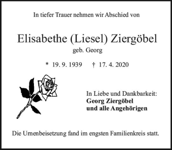 Traueranzeige von Elisabethe  Ziergöbel von vrm-trauer