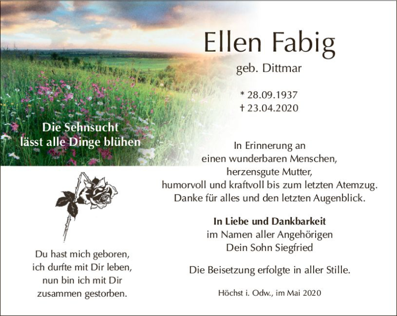  Traueranzeige für Ellen Fabig vom 09.05.2020 aus vrm-trauer