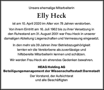 Traueranzeige von Elly Heck von vrm-trauer