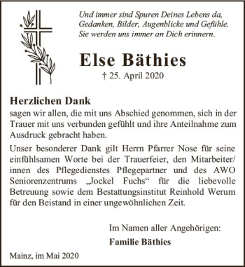 Traueranzeige von Else Bäthies von vrm-trauer