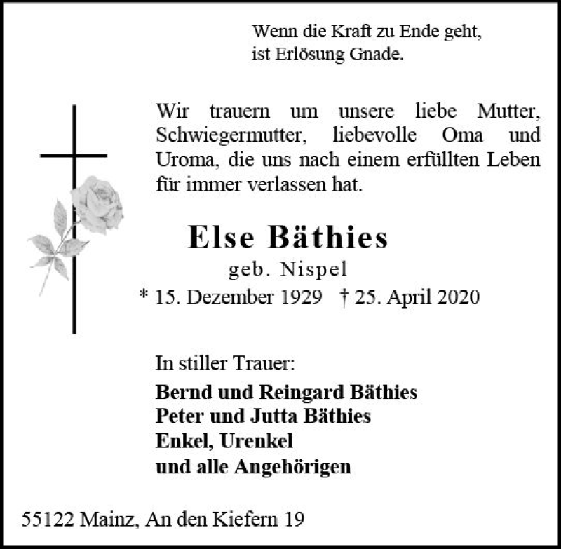  Traueranzeige für Else Bäthies vom 02.05.2020 aus vrm-trauer
