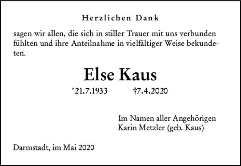  Traueranzeige für Else Kaus vom 09.05.2020 aus vrm-trauer