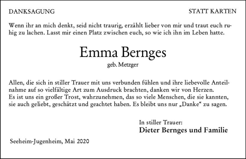  Traueranzeige für Emma Bernges vom 30.05.2020 aus vrm-trauer
