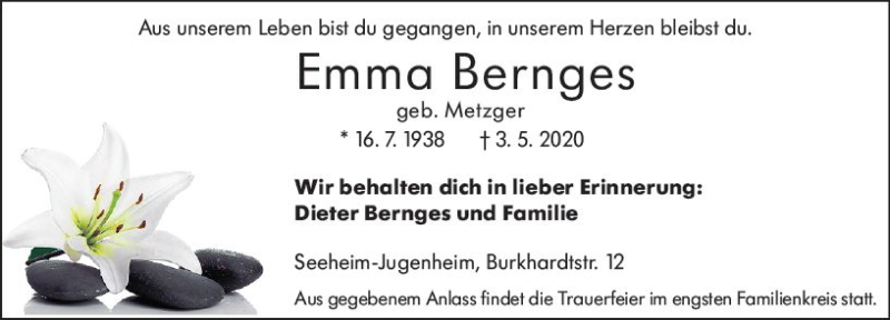  Traueranzeige für Emma Bernges vom 09.05.2020 aus vrm-trauer