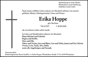 Traueranzeige von Erika Hoppe von vrm-trauer