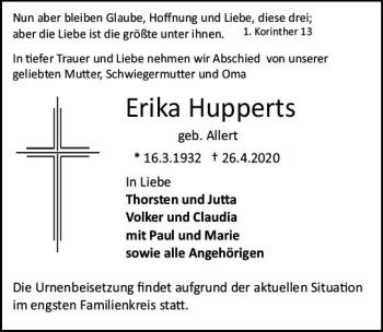 Traueranzeige von Erika Hupperts von vrm-trauer