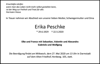 Traueranzeige von Erika Peschke von vrm-trauer