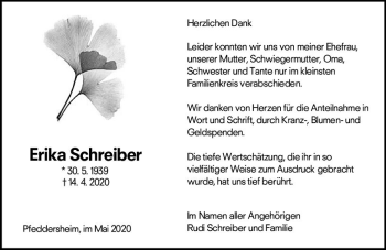 Traueranzeige von Erika Schreiber von vrm-trauer