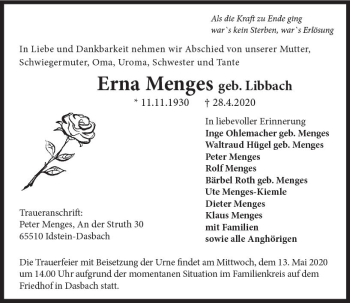 Traueranzeige von Erna Menges von vrm-trauer