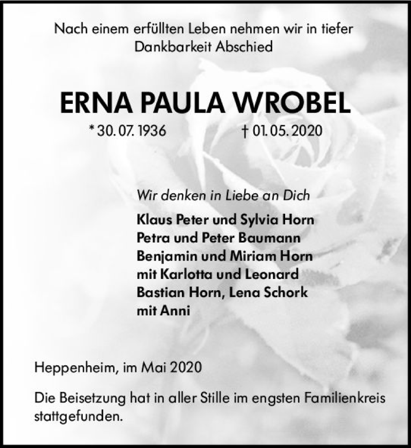  Traueranzeige für Erna Paula Wrobel vom 16.05.2020 aus vrm-trauer