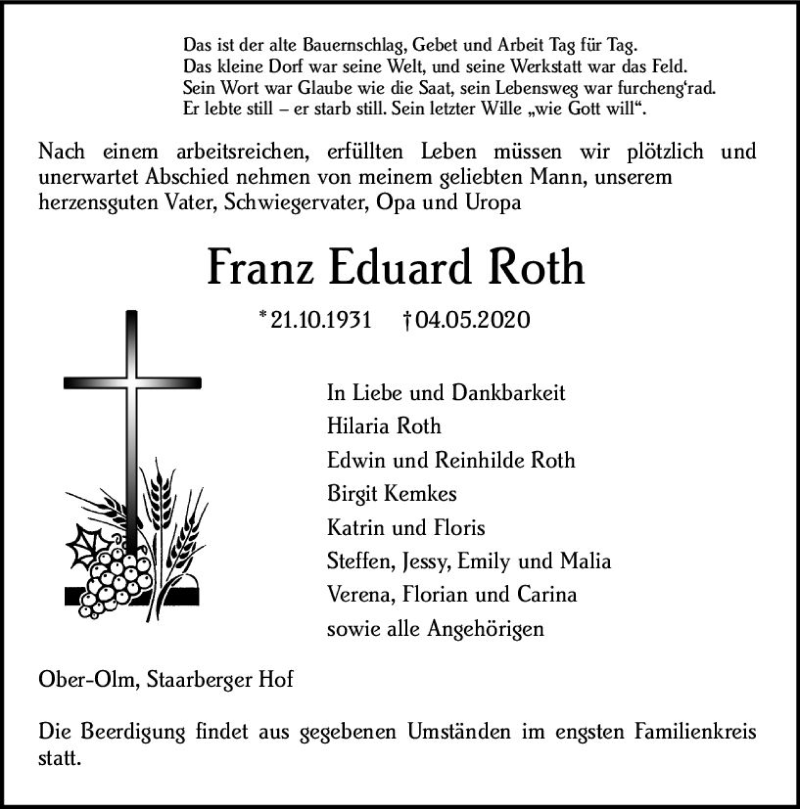  Traueranzeige für Franz Eduard Roth vom 09.05.2020 aus vrm-trauer