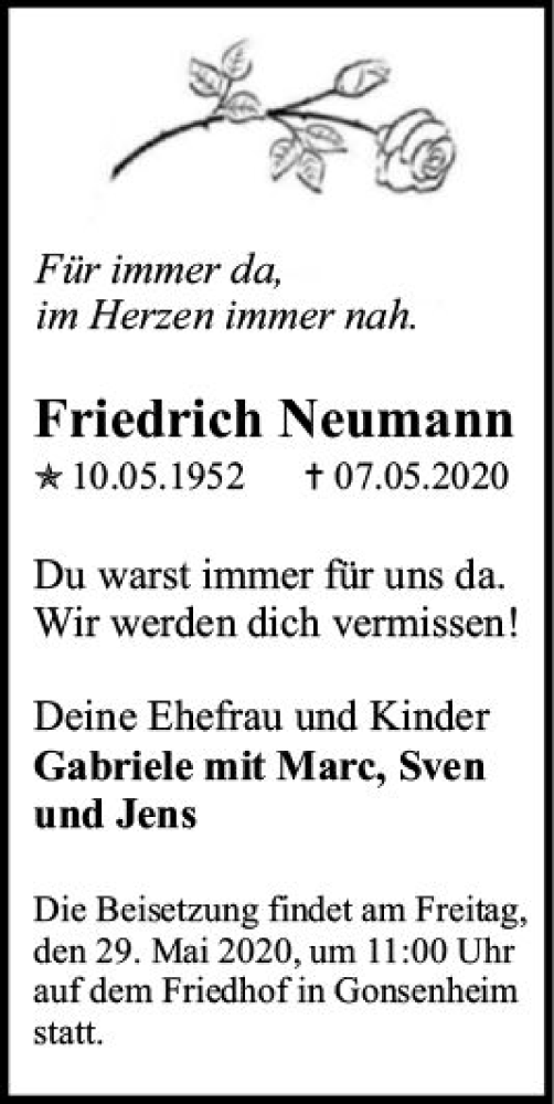  Traueranzeige für Friedrich Neumann vom 23.05.2020 aus vrm-trauer