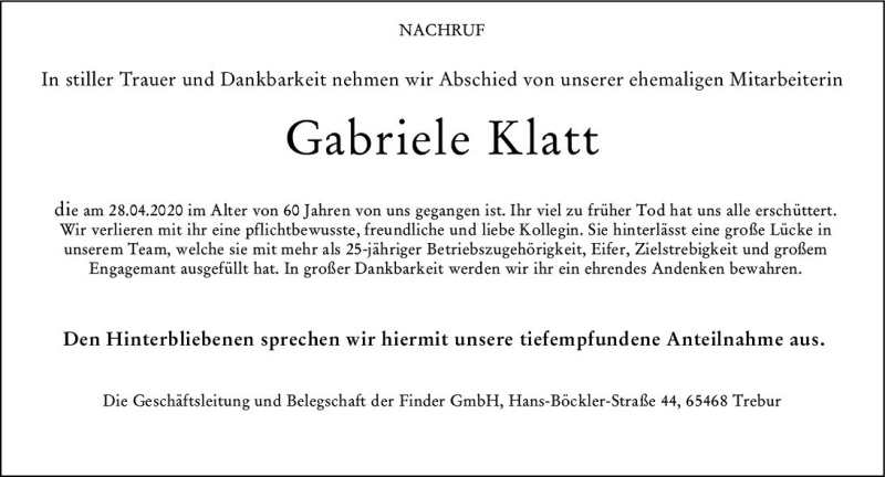 Traueranzeige für Gabriele Klatt vom 09.05.2020 aus vrm-trauer