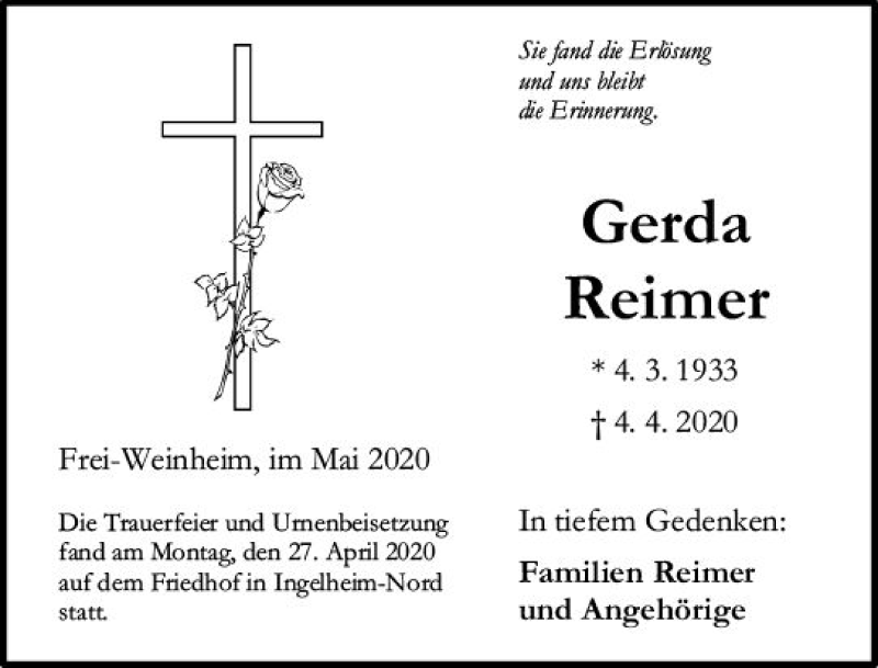  Traueranzeige für Gerda Reimer vom 09.05.2020 aus vrm-trauer