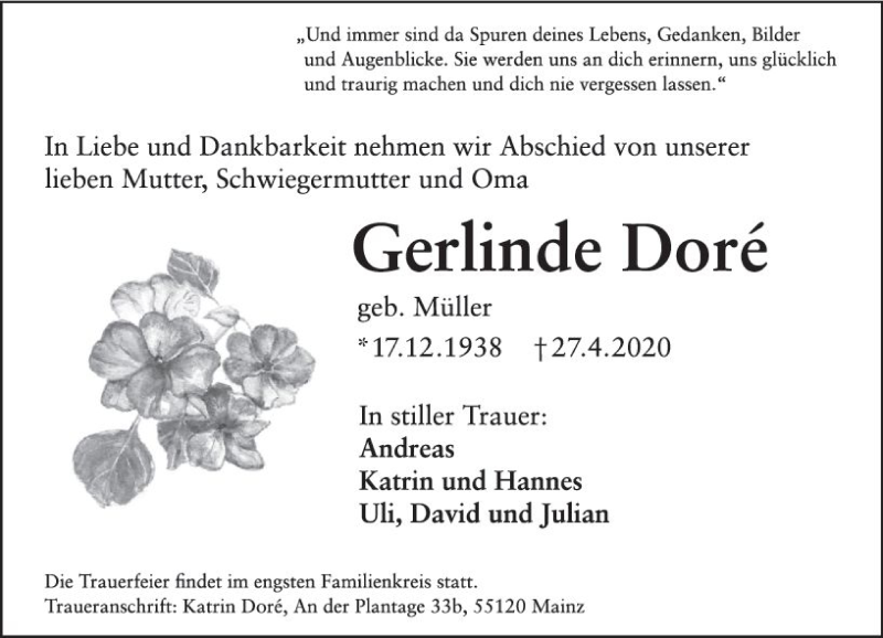  Traueranzeige für Gerlinde Dore vom 02.05.2020 aus vrm-trauer