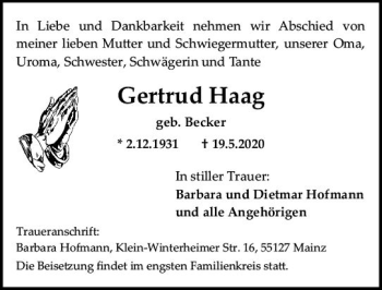 Traueranzeige von Gertrud Haag von vrm-trauer