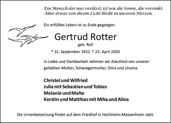 Traueranzeige von Gertrud Rotter von vrm-trauer