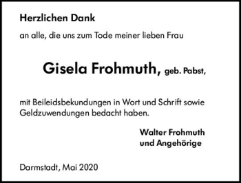 Traueranzeige von Gisela Frohmuth von vrm-trauer