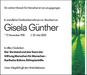 Traueranzeige von Gisela Günther von vrm-trauer
