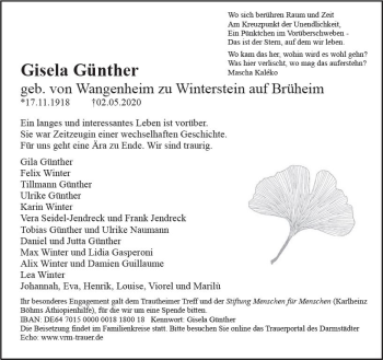 Traueranzeige von Gisela Günther von vrm-trauer