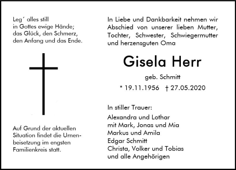  Traueranzeige für Gisela Herr vom 30.05.2020 aus vrm-trauer
