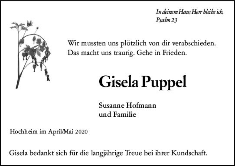  Traueranzeige für Gisela Puppel vom 08.05.2020 aus vrm-trauer