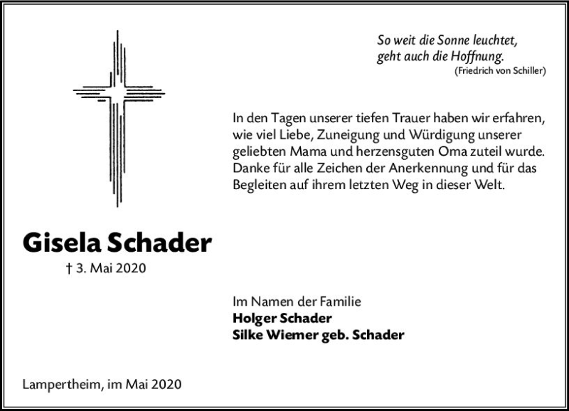  Traueranzeige für Gisela Schader vom 18.05.2020 aus vrm-trauer