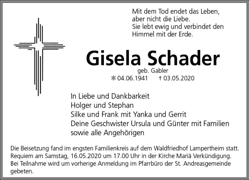  Traueranzeige für Gisela Schader vom 08.05.2020 aus vrm-trauer