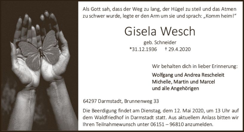  Traueranzeige für Gisela Wesch vom 09.05.2020 aus vrm-trauer