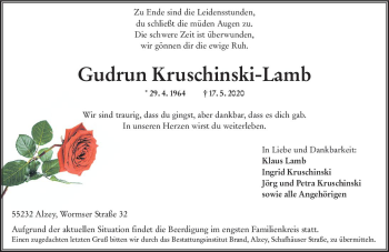 Traueranzeige von Gudrun Kruschinski-Lamb von vrm-trauer