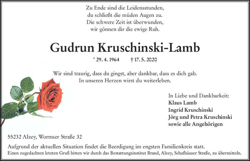  Traueranzeige für Gudrun Kruschinski-Lamb vom 23.05.2020 aus vrm-trauer