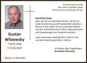 Traueranzeige von Gustav Wilzewsky von vrm-trauer